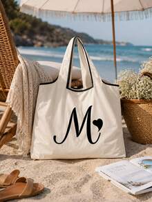 Sac cabas blanc à la mode avec initiale artistique A-Z noire, design avec bordure noire, matériau en taffetas enduit de polyester, sac de courses pliable et portable, sac cabas grande capacité pour femmes avec design facile à plier, convient pour un usage quotidien, les voyages, les vacances, l'école, la rentrée scolaire, le travail et les courses, chariot multifonctionnel, poignée robuste, cadeau pour la fête des enseignants, saison de la rentrée scolaire, fête de l'indépendance, voyage de vacances - Multicolore - Voir 2