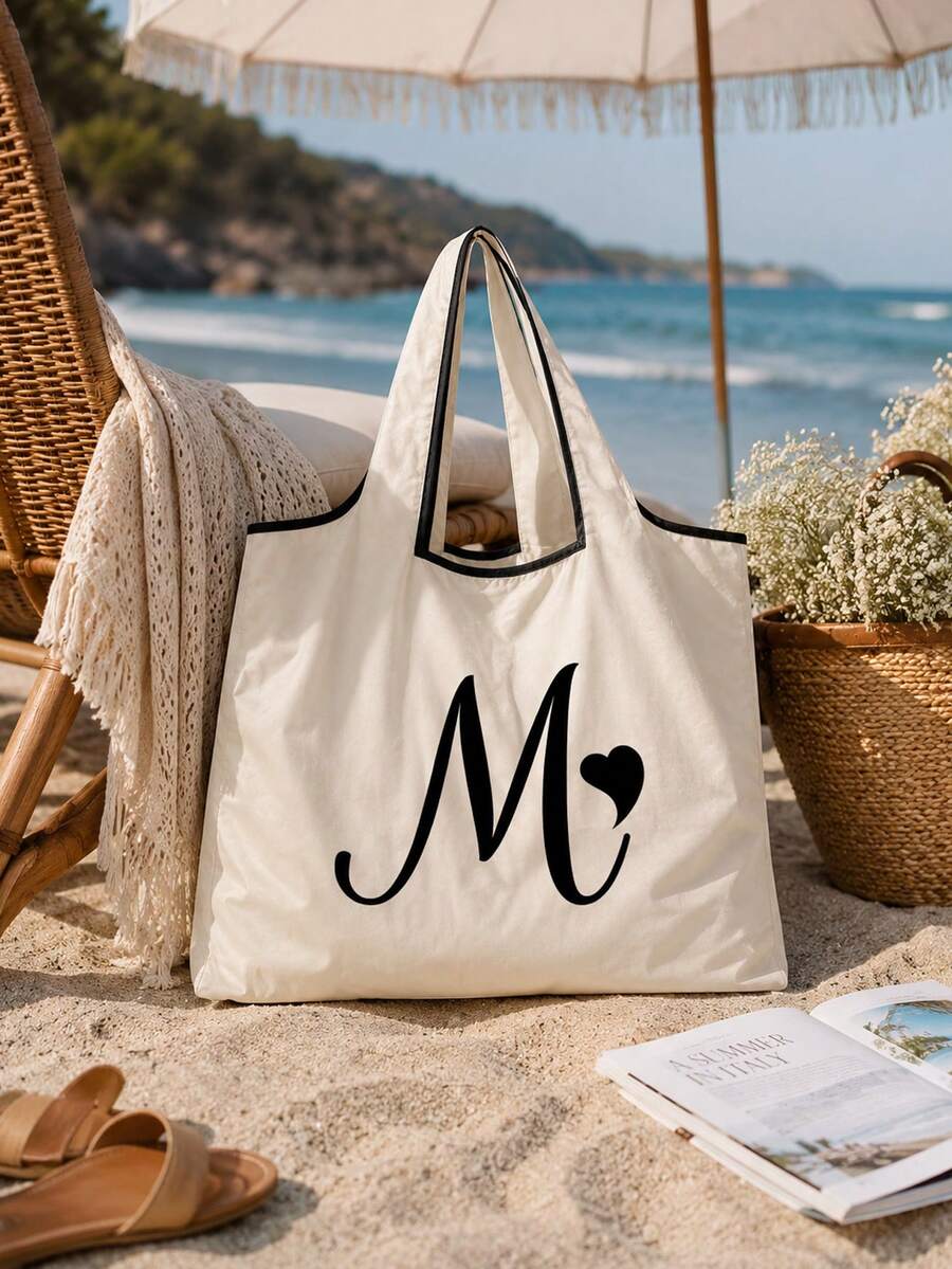 Sac cabas blanc à la mode avec initiale artistique A-Z noire, design avec bordure noire, matériau en taffetas enduit de polyester, sac de courses pliable et portable, sac cabas grande capacité pour femmes avec design facile à plier, convient pour un usage quotidien, les voyages, les vacances, l'école, la rentrée scolaire, le travail et les courses, chariot multifonctionnel, poignée robuste, cadeau pour la fête des enseignants, saison de la rentrée scolaire, fête de l'indépendance, voyage de vacances