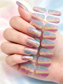 1pc Gradient Cat Eye Glitter Nail Stickers, Waterproof Self-Adhesive Y2K Luxury Versatile Wear-Resistant Full Nail Decals - 彩色 - 查看 9