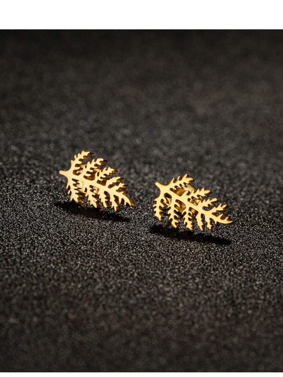 1 par de pendientes de acero inoxidable con diseño de hoja, pendientes de planta clásicos y sencillos para mujer, joyería para fiesta y regalo - GED652 - Ver 1