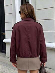 Button Long Sleeve Minimalist Trench Coat, Elegant College Style For Commute And Daily Wear - Burgundy - View 2