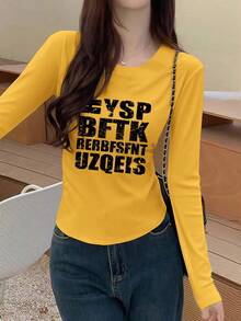 Street Style American Letter Print Design Fitted Y2K T-Shirt, Women's Autumn Long Sleeve Inner Layer Top Yellow Casual - Yellow - View 3