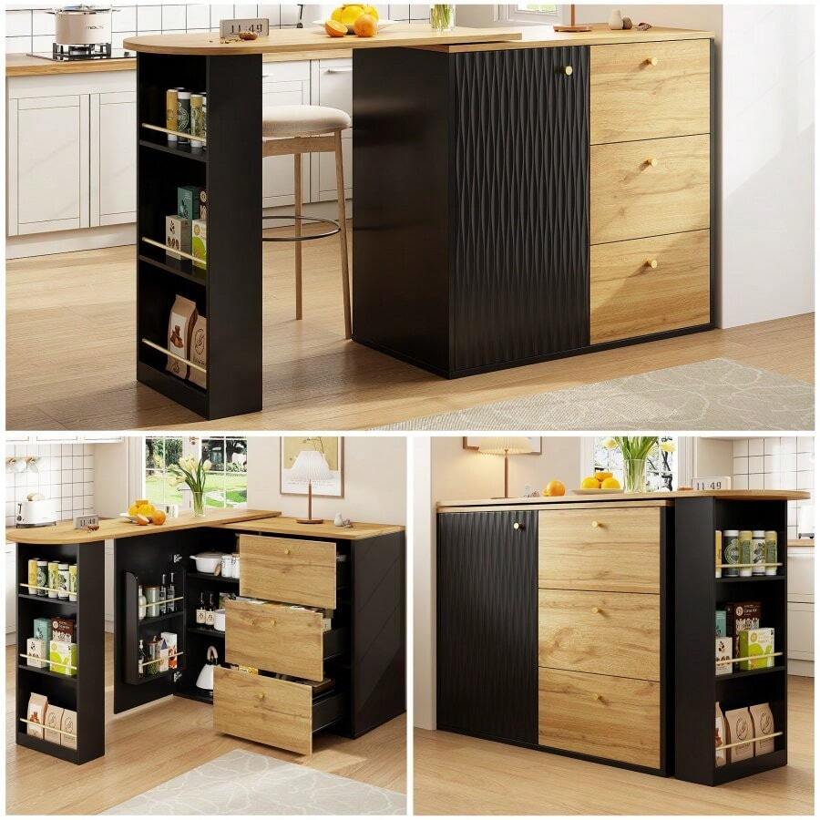 Extendable Bar Table With Storage Space (138–204 * 39 * 104 Cm), 360° Rotating Dining Bar, Modern Mobile Bar Table, High Table Kitchen Island Bistro Table, Sideboard With Wood Grain Finish - Black - View 1