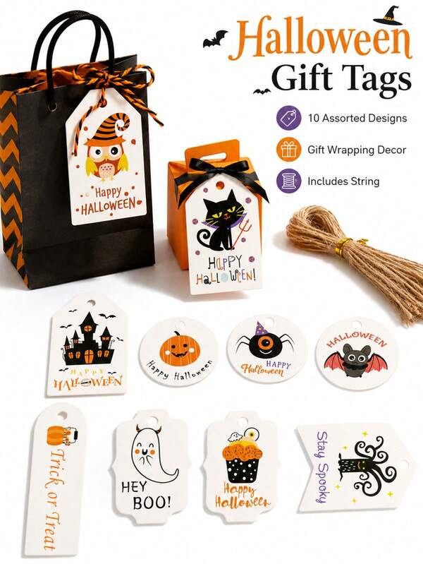 50pcs/Set Halloween Gift Tags With Hanging Strings, 10 Assorted Cartoon Spooky Pattern Label Cards For Trick Or Treat Gift Bag Bakery Box Wrapping Decor