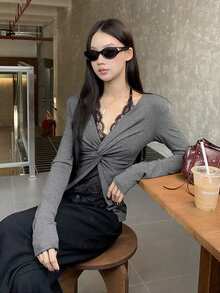 Women's Long Sleeve Lace T-Shirt 2 In 1 Top, Early Autumn - Grey - View 4