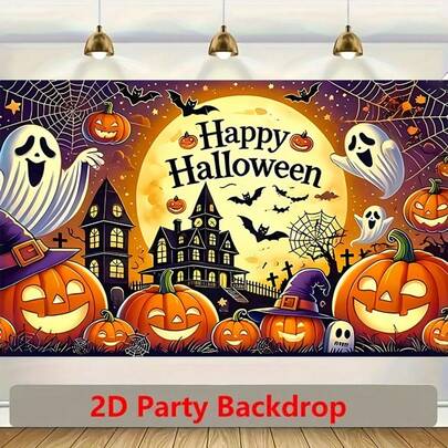 1pc Happy Halloween Backdrop, Large Halloween Backdrop, Pumpkin And Ghost Decorations, Suitable For Wall Decorations, Halloween Decorations, Birthday Parties And Photo Booths.