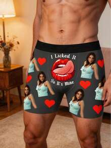 1pc Customizable Men's Boxer Briefs, Black Shorts, Comfortable Breathable Printed Boxer Briefs, Perfect Gift For Husband And Girlfriend On Valentine's Day/Birthday - Grey - View 4