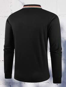 Striped Trim Lapel Collar Long Sleeve Polo, Regular Fit Casual Basic Top, All-Match Daily Wear, Perfect Present For Guys - Black - View 5