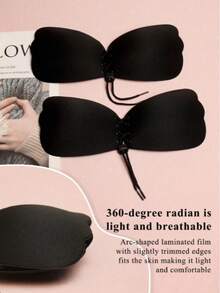 Wing-Shaped Invisible Bra, Wire-Free Drawstring Silicone Adhesive Breast Pads, 2-Piece Set - Black - View 1