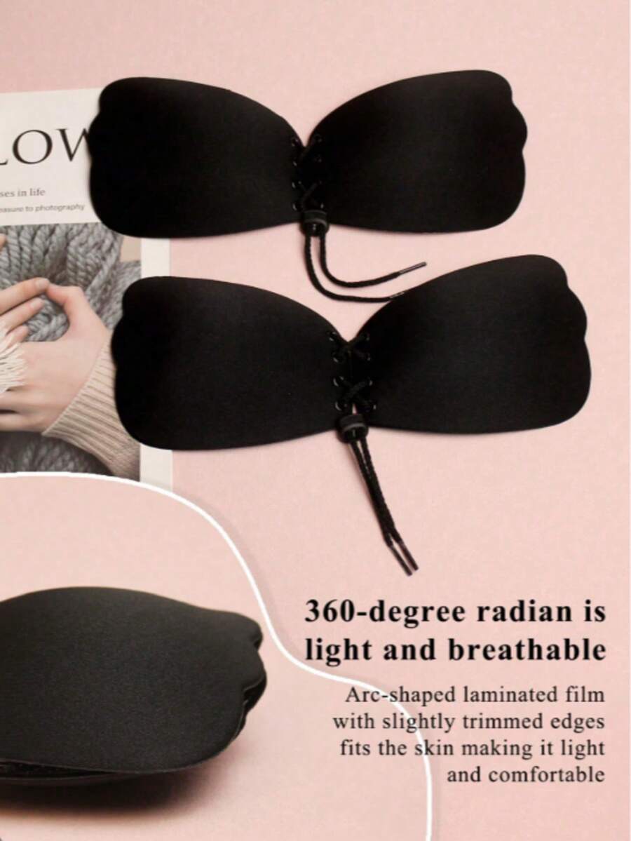 Wing-Shaped Invisible Bra, Wire-Free Drawstring Silicone Adhesive Breast Pads, 2-Piece Set - Black - View 1