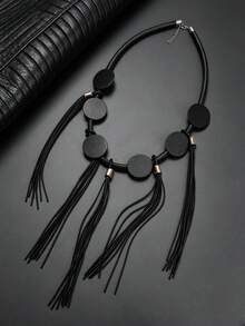 MARLIWOO 1pc Minimalist Long Draped Tassel Necklace, Unique Niche Versatile Accessory, Vintage Gothic Style - Black - View 5