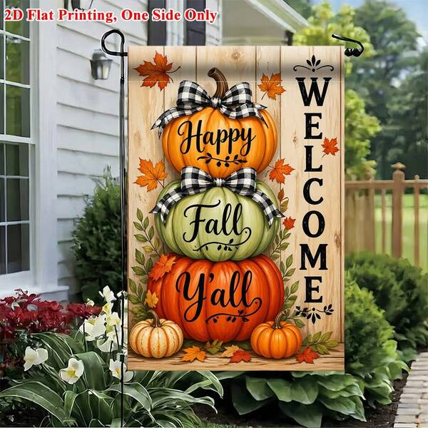 2D Flat - Bandera de Jardín Impresa 2D Flat 1 pieza, Bandera de Jardín de Bienvenida de Otoño con Calabaza - Impresión de un Solo Lado, Decoración Exterior Duradera, Adecuada para el Hogar y el Jardín, Decoración Festiva, Poste No Incluido