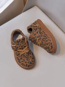 Spring/Autumn Leopard Print Kids' Sneakers, Rubber Sole Hook And Loop Closure Casual Shoes For Toddlers - Brown - View 5
