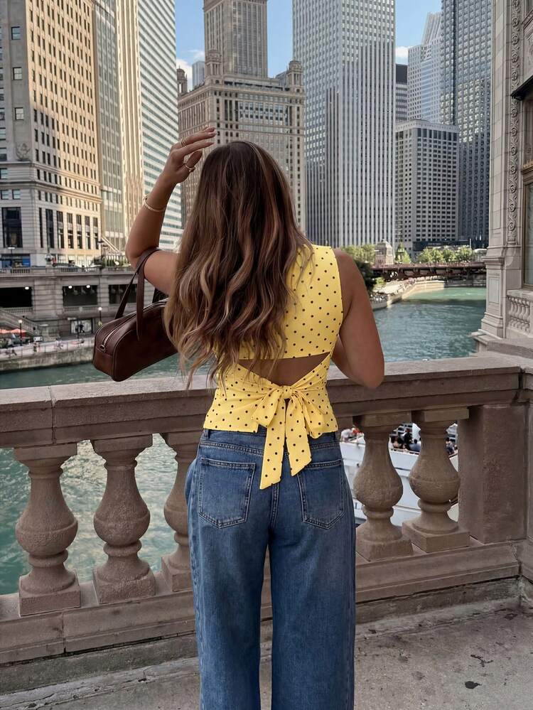 HoloChill Women's Young Influencer Casual Style Colorblock Polka Dot Sleeveless Top, Summer Casual 2026 New Bow Versatile Tank Top, Summer Top, Women's Spring Clothing, Women's Holiday Party Top, Women's Beach Outfit, Women's Going Out Top, Women's Elegant Top, Summer Vacation Outfit, World Cup Prom Luxury - Yellow - View 7