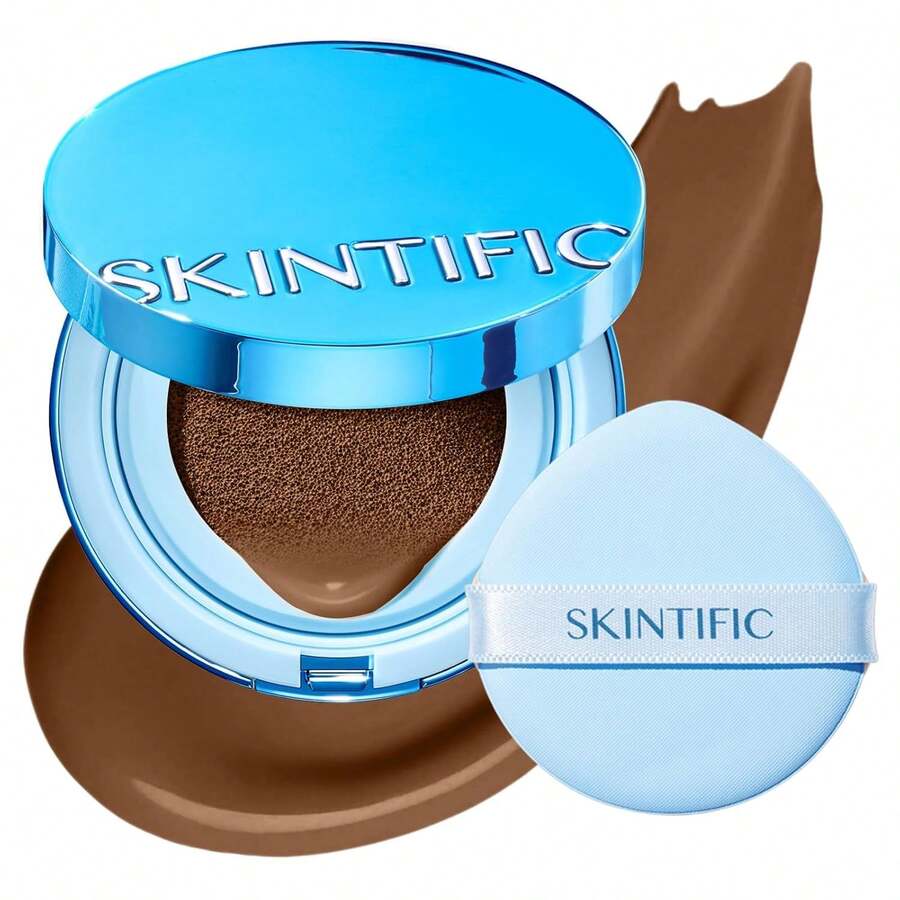 SKINTIFIC 藍色絲絨霧面氣墊粉底，全遮瑕，12小時控油，適合油性與混合肌膚，防水，持久，輕盈，保濕，無需卸妝