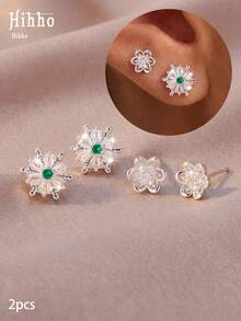 Hihho 1 par de pendientes de botón estilo delicado y suave con diseño de copo de nieve & flor, adecuados para el uso diario, citas y reuniones de mujeres - pendientes - Ver 1