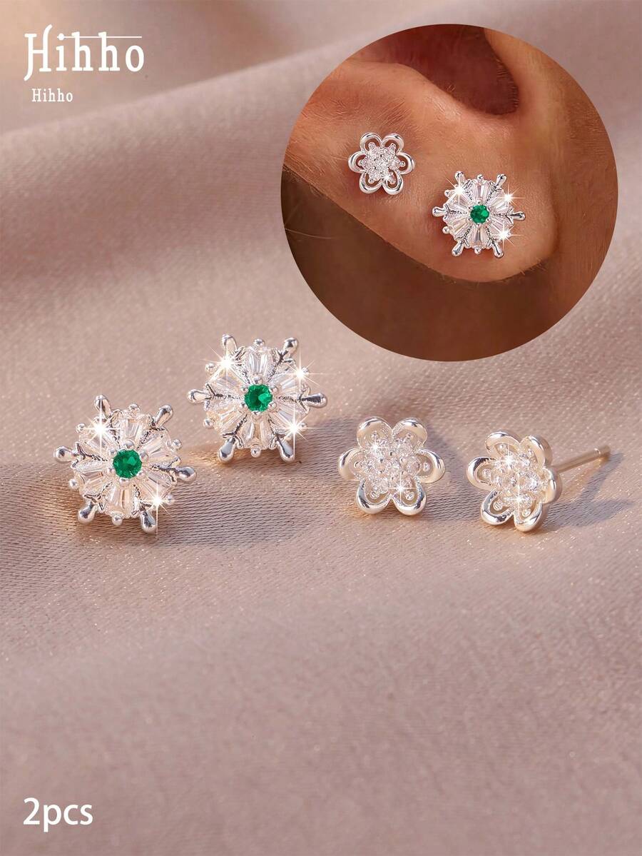 Hihho 1 par de pendientes de botón estilo delicado y suave con diseño de copo de nieve & flor, adecuados para el uso diario, citas y reuniones de mujeres - pendientes - Ver 1