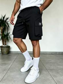 Men's Solid Color Elastic Waist Drawstring Pocket Cargo Shorts, Breathable And Comfortable - Black - View 10