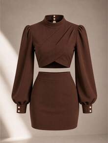 Women's Tailored Set Cropped Long Puff Sleeve And Short Skirt Elegant Party Fashion Autumn Winter - 鏽棕色 - 查看 4