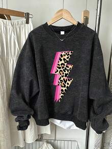 Big Girls Plus Size Washed Sweatshirt, Pink Outline Leopard Print Lightning Loose Comfortable Campus Casual Top - Black - View 1