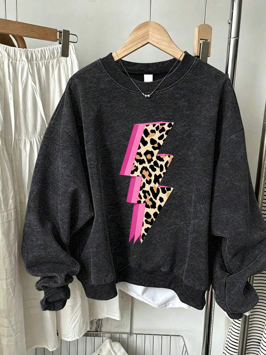 Big Girls Plus Size Washed Sweatshirt, Pink Outline Leopard Print Lightning Loose Comfortable Campus Casual Top - Black - View 1
