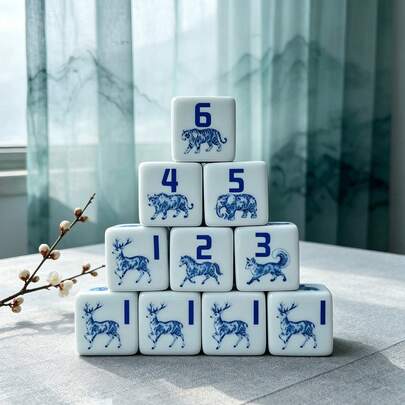 6 pièces Dés de jeu D6 bleu & blanc avec motifs d'animaux, 2 styles au choix - Animaux du zodiaque ou Animaux sauvages de la forêt, Dés à six faces en acrylique blanc, Convient pour les soirées de jeux de rôle sur table et les collectionneurs de dés