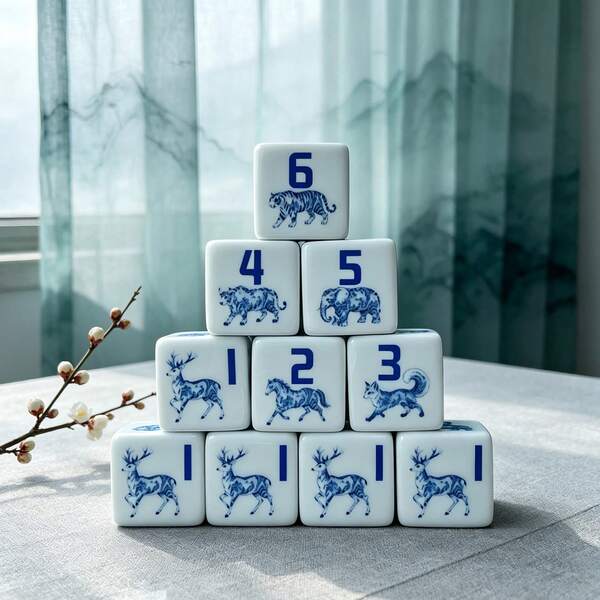 6pcs Blue & White Animal D6 Game Dice, 2 Styles To Choose From - Zodiac Animals Or Forest Wild Animals Pattern, White Acrylic Six-Sided Dice, Suitable For Tabletop RPG Game Night And Dice Collectors