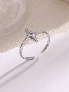 1Pc Smooth Cross Star Open Rings, 18K Gold Plated Stainless Steel Ring, Minimalist Women Jewelry For Daily Holiday Gift - Multicolor - View 1