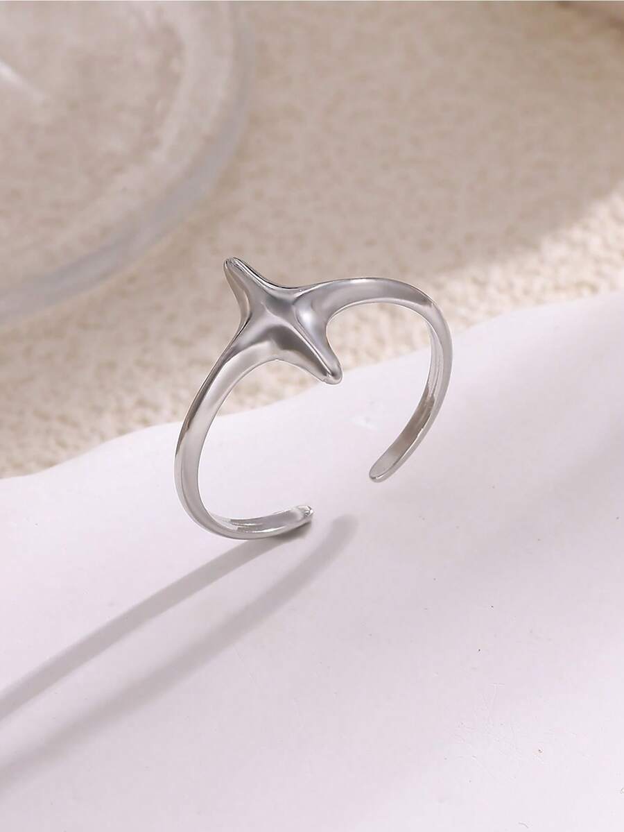 1Pc Smooth Cross Star Open Rings, 18K Gold Plated Stainless Steel Ring, Minimalist Women Jewelry For Daily Holiday Gift - Multicolor - View 1
