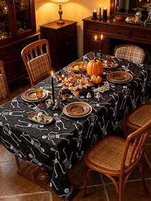 MineLain 1pc Halloween Party Tablecloth, Black, Skull Print Pattern, Rectangular Tablecloth, Washable, Tabletop Decoration, Holiday Decoration, Suitable For Halloween Event Decoration, Restaurant Decoration, Theme Party Decoration, Indoor And Outdoor Decor, Halloween Decoration - Black - View 9