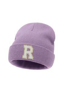 1PC Children's Knitted Hat With 26 Letters Pattern, Solid Color Knitted Caps, Children Hats For Girls, Warm Beanies For Outdoor, Autumn/Winter - Purple - View 10