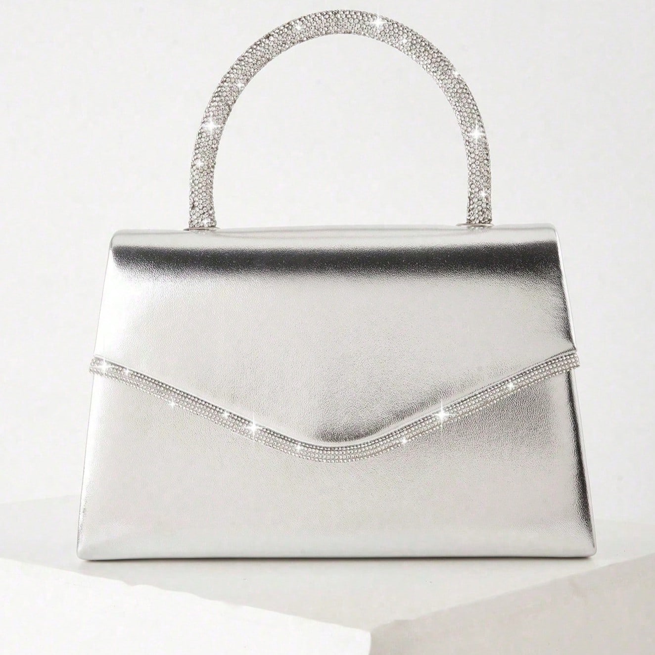 Women's Rhinestone Handle Clutch, Metallic Silver Evening Bag, Elegant Top Handle Handbag, Suitable For Weddings, Parties, Balls, Charming Gift For Women