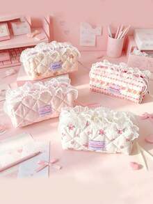 1 PC Little Bear Lace Pencil Bag Cream Colored Learning Supplies Storage Stationery Bag Student Portable Pencil Bag, Back To School, First Day Of School - Multicolor - View 2
