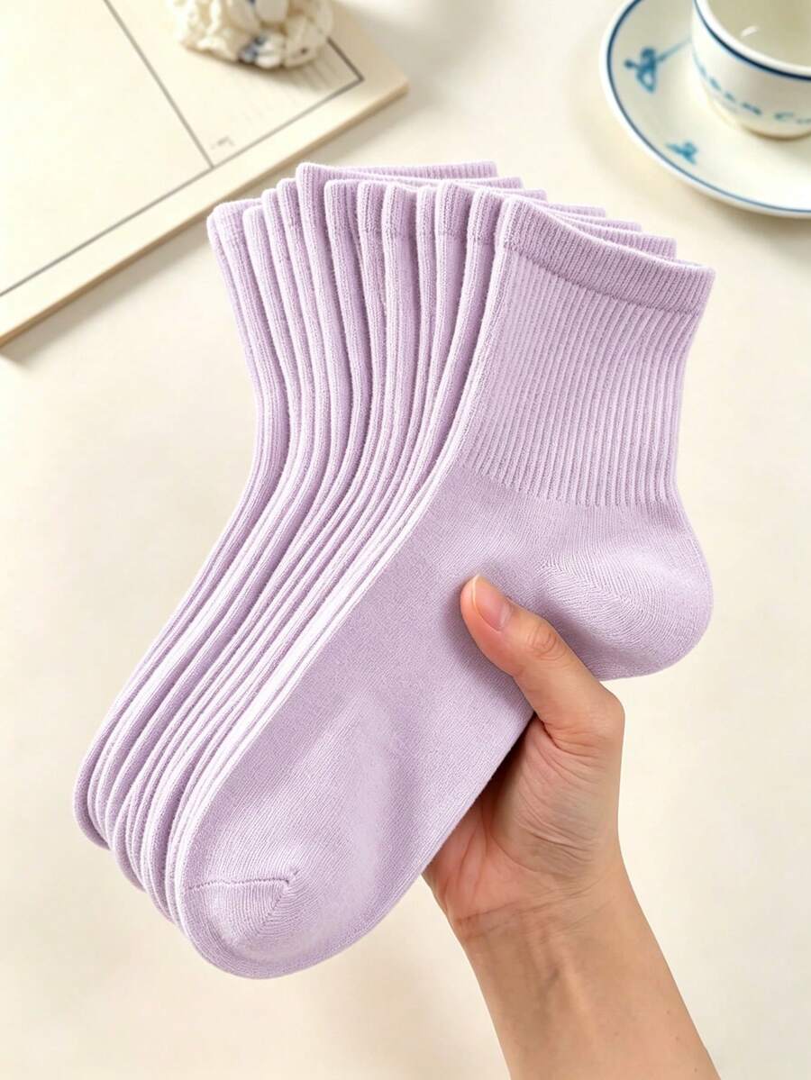 1/5/10 Pairs Unisex Solid Navy Blue Comfortable High Elastic Mid-Calf Socks, Suitable For Commuting, All-Season Wear, Moisture-Wicking, Breathable - Mauve Purple - View 1