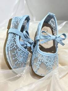 1 Pair Girls' Lace Princess Shoes, Chinese Style Embroidered Mesh Soft Sole Shoes, Children's Party Embroidery Dance Shoes, Suitable For 3-12 Years Old - Blue - View 4