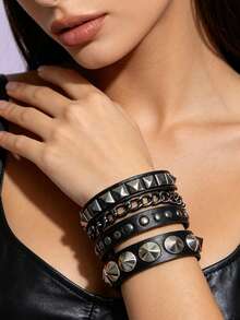 Xiacheng 1/3/6pcs Punk PU Leather Gothic Bracelet, Adjustable Metal Wristband, Gothic Style Accessory, Unisex For Men And Women, Halloween - Multicolor - View 2