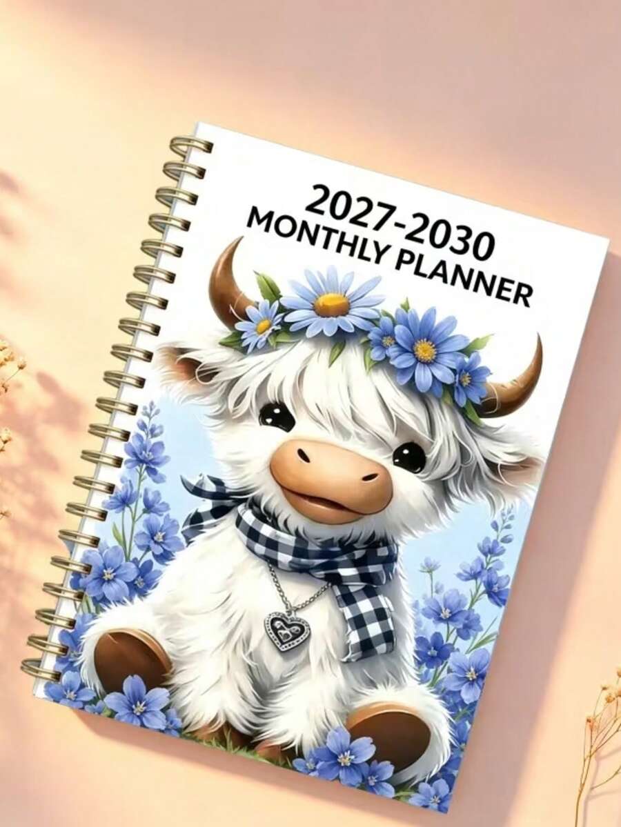 2027-2030 Monthly Planner, 4-Year Calendar, Purple Floral Highland Cow Theme Cover Design Diary, Annual Schedule Planner, Monthly Tab Pages, 48-Month Calendar, 5.5x8.3 Inch Thick Paper - A - View 1
