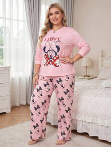 Disney 2 Pieces Plus-Size Pink Pajama Set For Women, Featuring A Mickey And Minnie Mouse Print Top And Pajama Pants, Casual Loungewear. - Multicolor - View 4