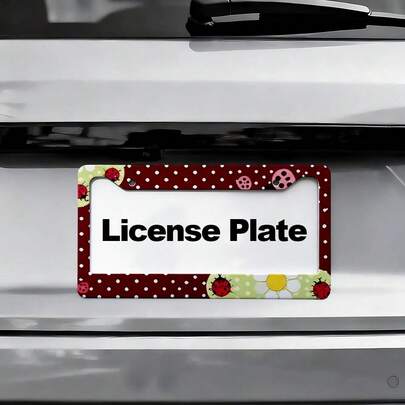 Burgundy Polka Dot Daisy Ladybug Cute Retro Pastoral Style License Plate Frame, Printed American Standard Car License Plate Frame, Car Modification Front And Rear License Plate Holder With Accessories