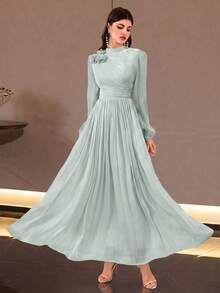 Elegant Women's Long Sleeve Stand Collar A-Line Dress, Decorated With 3D Roses And Pleated Design, Formal Charming Evening Gown Wedding Party Fall - Mint Green - View 4