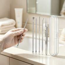 6Pcs Stainless Steel Blackhead Remover Tool Kit Acne Needle Pimple Comedone Extractor Tweezers With Portable Storage Case - Multicolor - View 7