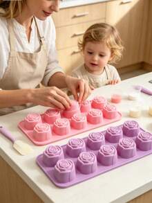 2 Pack 20 Cavity Rose Shaped Silicone Chocolate Molds, Heat Resistant Non-Stick Baking Tray, Easy Release & Clean, For Chocolate Candy Mousse Cake Dessert, Valentine Mother's Day Party Home Baking Decor - 2 Pink Items - View 2