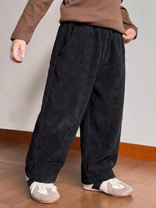 1pc Boys' American Minimalist College Style Comfortable Corduroy Loose Casual Long Pants - Black - View 1
