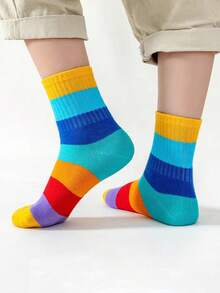 5 Pairs Girls Rainbow Color Block Knit Socks, Comfortable Breathable Soft Mid-Calf Socks, Suitable For Outdoor Wear, Back To School - Multicolor - View 3