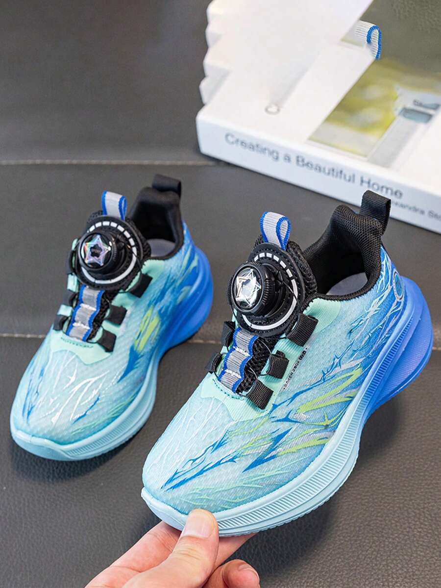 Boys' Rotating Button Sports Shoes, Spring/Autumn Mesh Breathable Running Shoes, Children's Thick Sole Shock-Absorbing Lightweight School Shoes