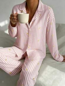 Nina Bonheur 2pcs Women Loose Comfortable Breathable Long Sleeve Top And Long Pants Pajama Set - Pink - View 3