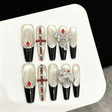 10pcs Handmade Coffin Shape Press-On Nails, Exquisite Fake Nails, High-End Black French Style, With Spherical Cat Eye, Layered Rhinestones, Cross And Wing Design, Elegant And Luxurious, Light Luxury Heavy Craftsmanship Handmade Wearable Nails, Suitable For Women - Champagne - View 2