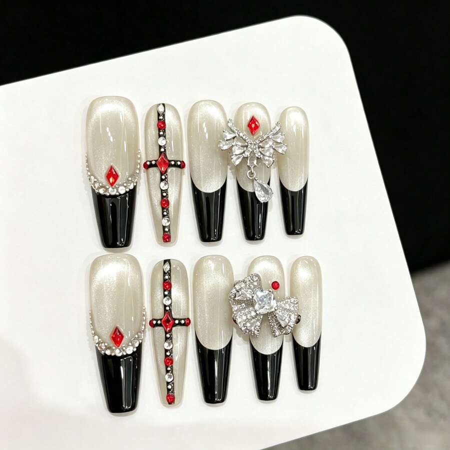 10pcs Handmade Coffin Shape Press-On Nails, Exquisite Fake Nails, High-End Black French Style, With Spherical Cat Eye, Layered Rhinestones, Cross And Wing Design, Elegant And Luxurious, Light Luxury Heavy Craftsmanship Handmade Wearable Nails, Suitable For Women