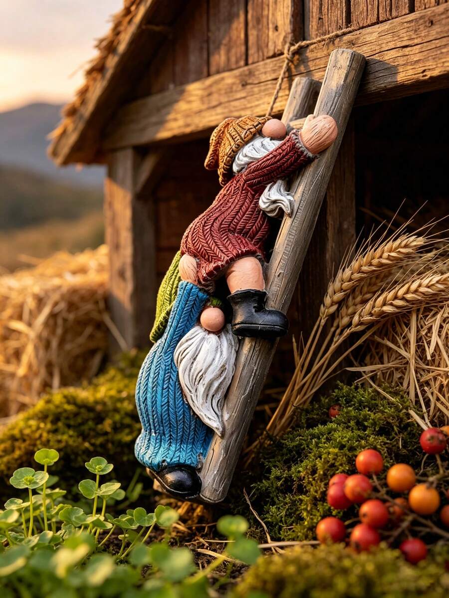 1 Stück Stück Harz-Kletterleiter Paar Gnom Statue, Strickpullover gesichtsloser Zwerg Baum Hängeornament, süße Outdoor Garten Rasen Terrasse Dekofigur Geschenk - A - Übersicht 1