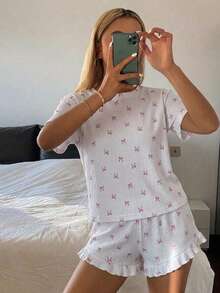 DAZY 两件套女士休闲睡衣套装，可爱蝴蝶结印花上衣，轻盈透气家居服套装，夏季 - 白色 - 查看 5